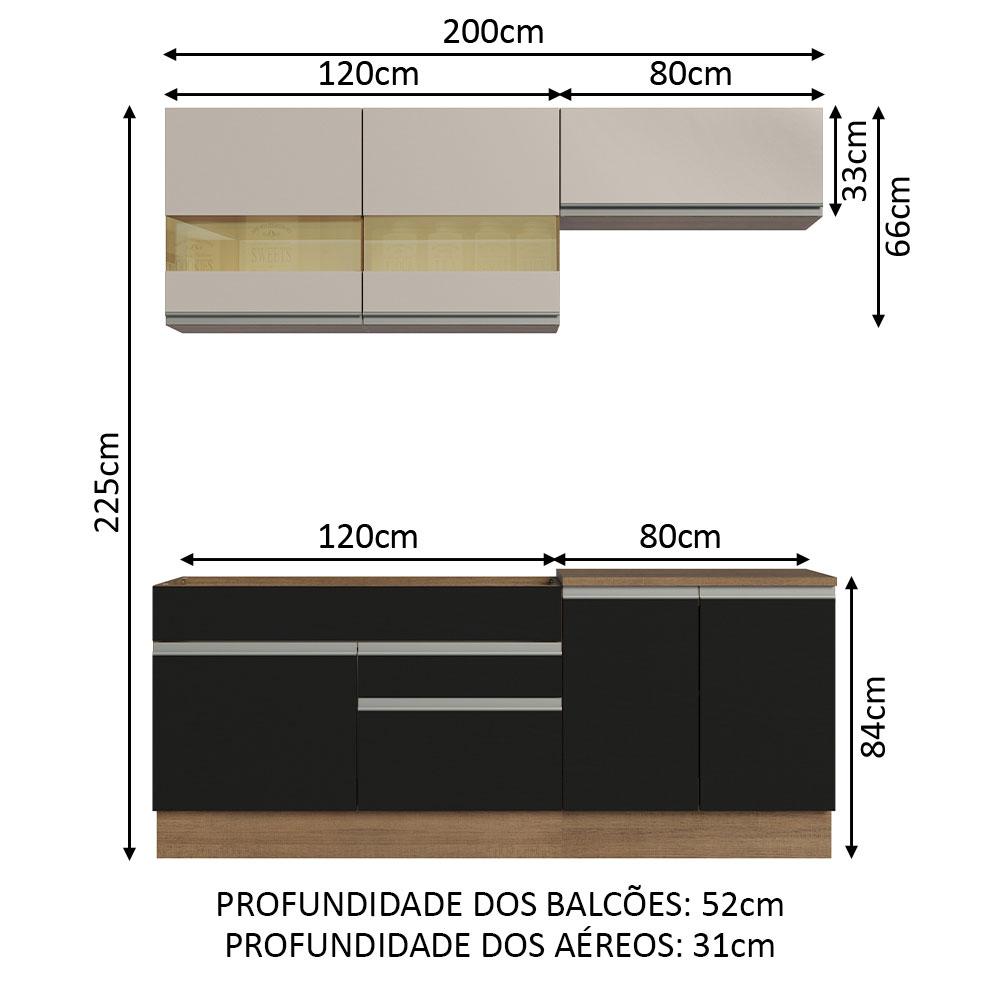 Armário de Cozinha Completa 200cm Rustic/Preto/Crema Glamy Madesa 07