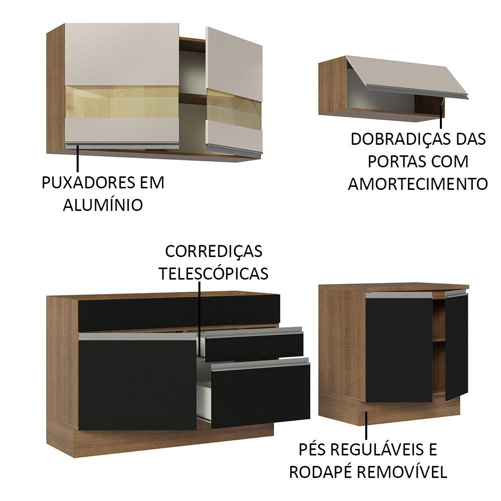 Armário de Cozinha Completa 200cm Rustic/Preto/Crema Glamy Madesa 07