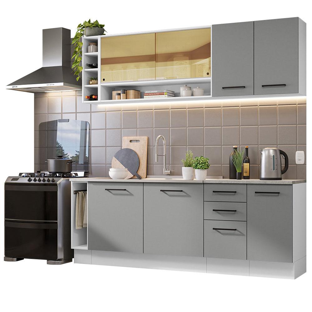 Armário de Cozinha Completa 220cm Branco/Cinza Agata da Thêmis Madesa