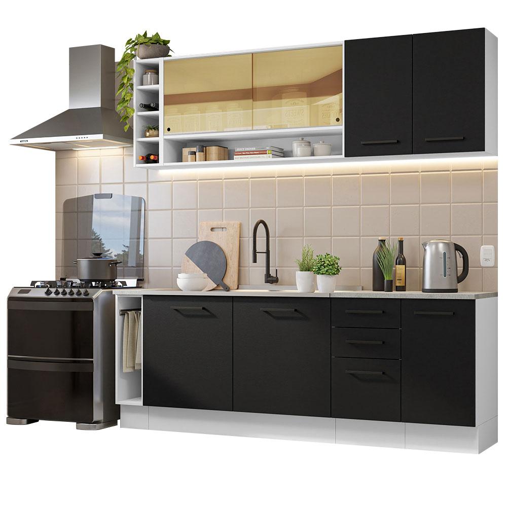 Armário de Cozinha Completa 220cm Branco/Preto Agata da Thêmis Madesa