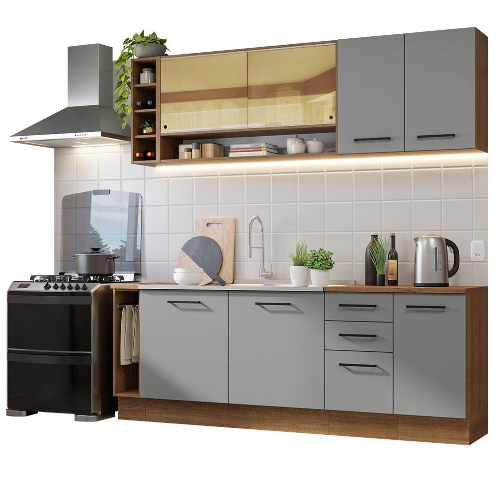 Armário de Cozinha Completa 220cm Rustic/Cinza Agata da Thêmis Madesa
