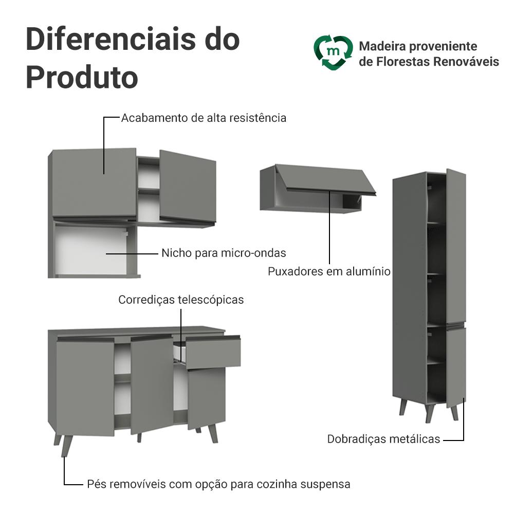 Armário de Cozinha Completa 240 cm Cinza Nice Madesa 08