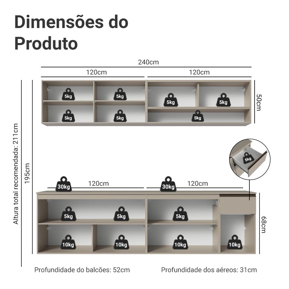 Armário de Cozinha Completa 240 cm Suspenso Crema Nice Madesa 05