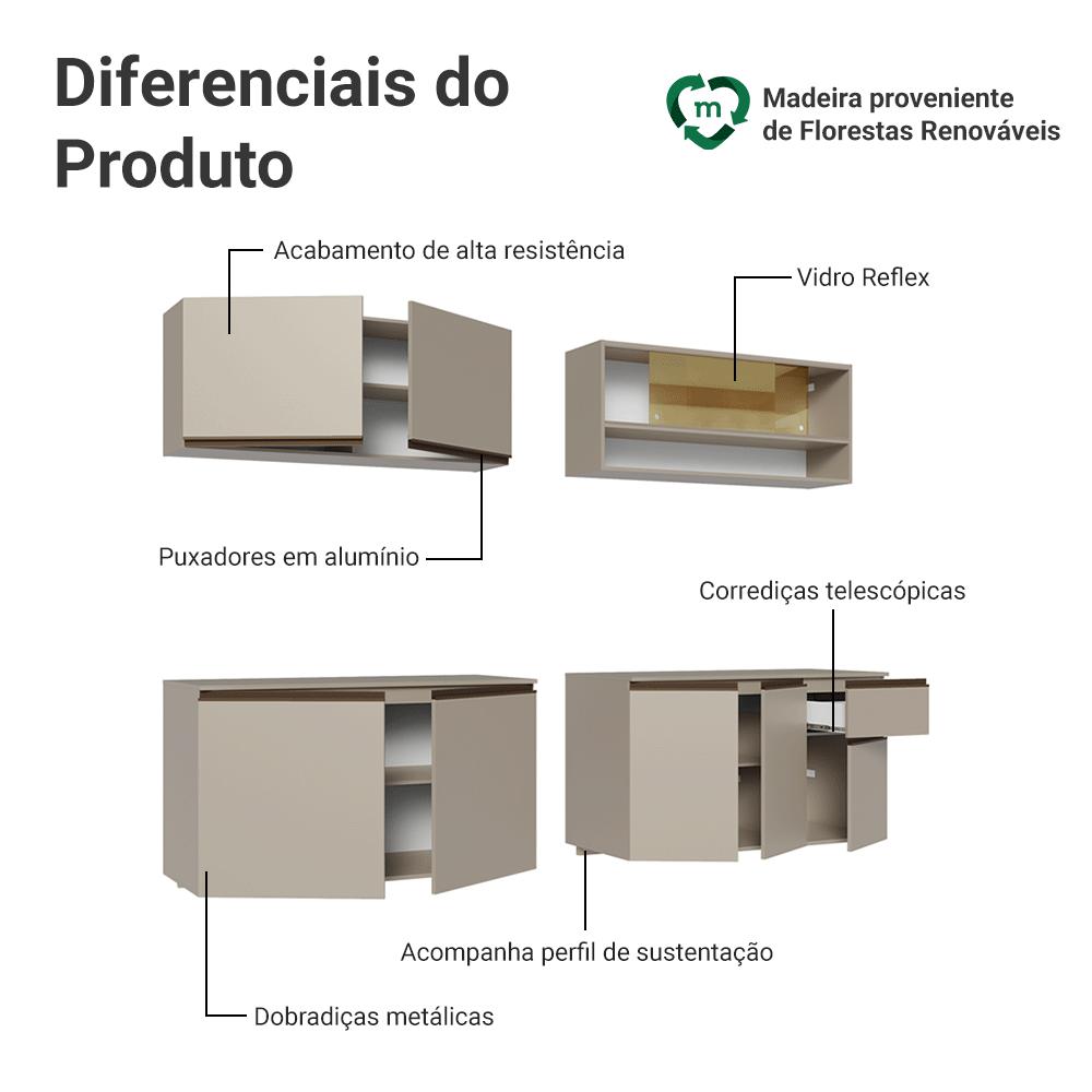 Armário de Cozinha Completa 240 cm Suspenso Crema Nice Madesa 05