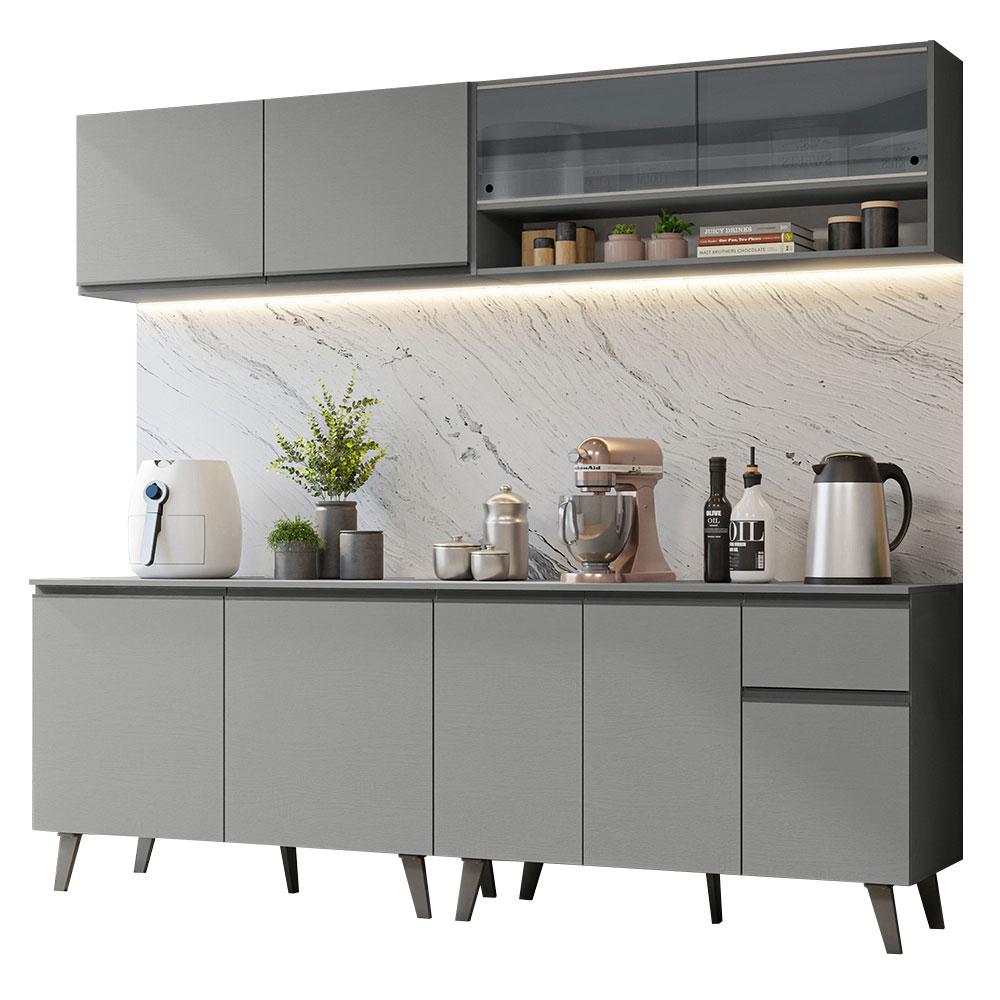 Armário de Cozinha Completa 240cm Cinza Nice Madesa 03
