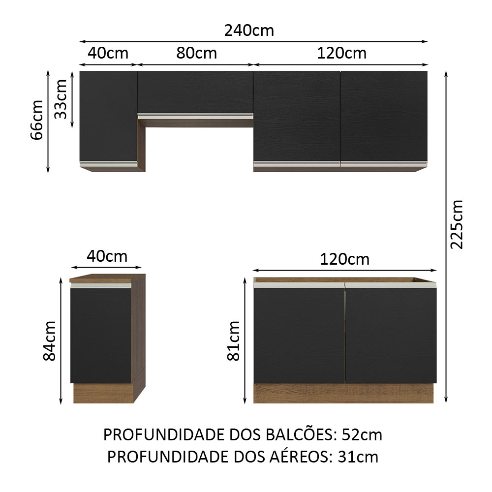 Armário de Cozinha Completa 240cm Rustic/Preto Glamy Madesa 10