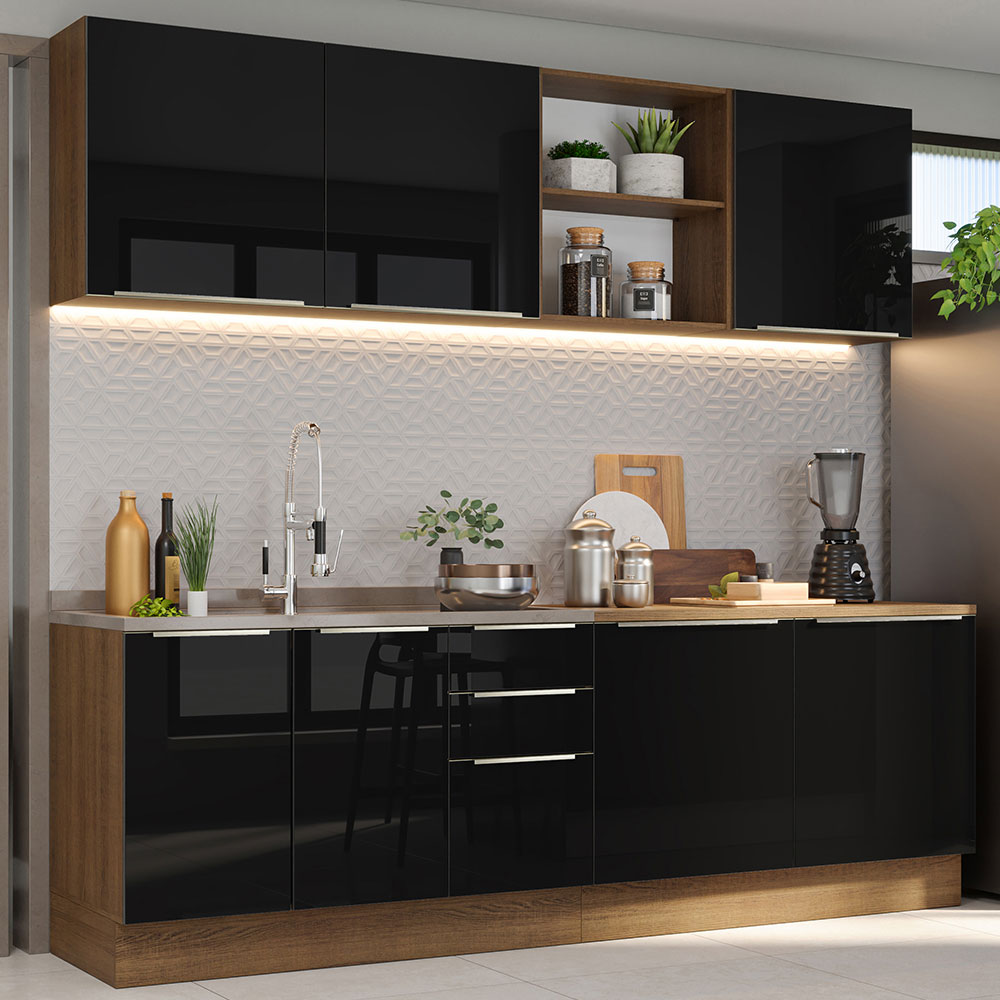 Armário de Cozinha Completa 240cm Rustic/Preto Lux Madesa 05