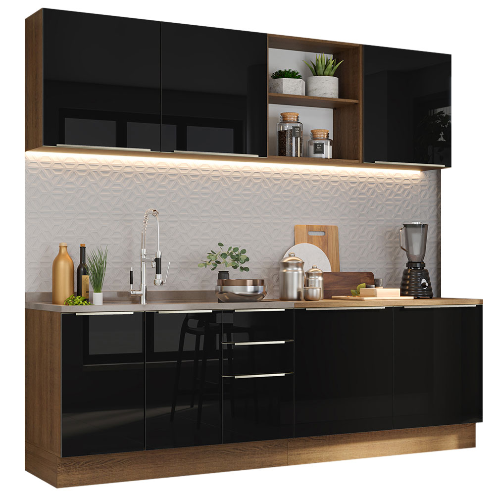 Armário de Cozinha Completa 240cm Rustic/Preto Lux Madesa 05