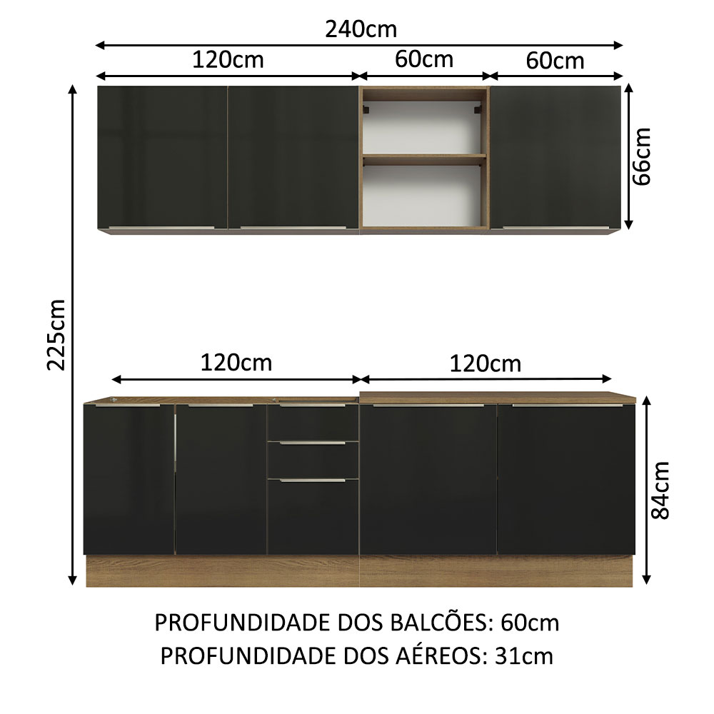 Armário de Cozinha Completa 240cm Rustic/Preto Lux Madesa 05
