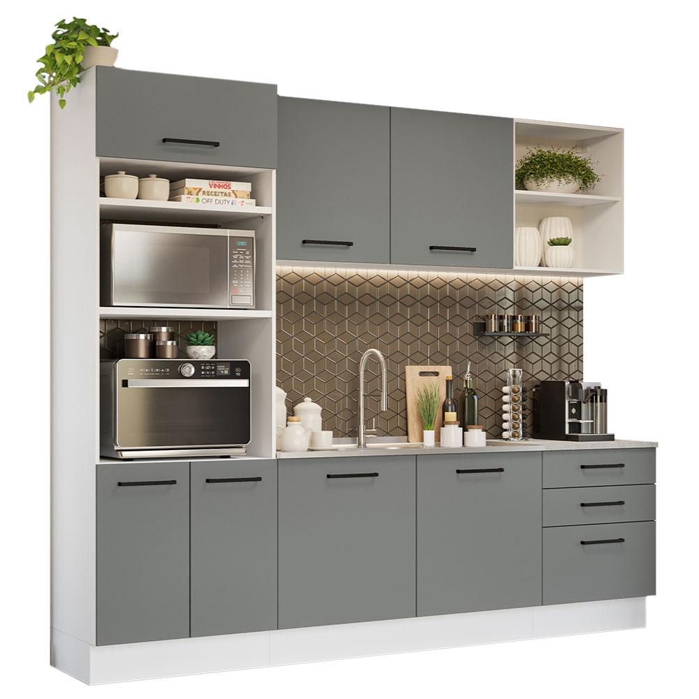 Armário de Cozinha Completa 250cm Branco/Cinza Agata Madesa 01