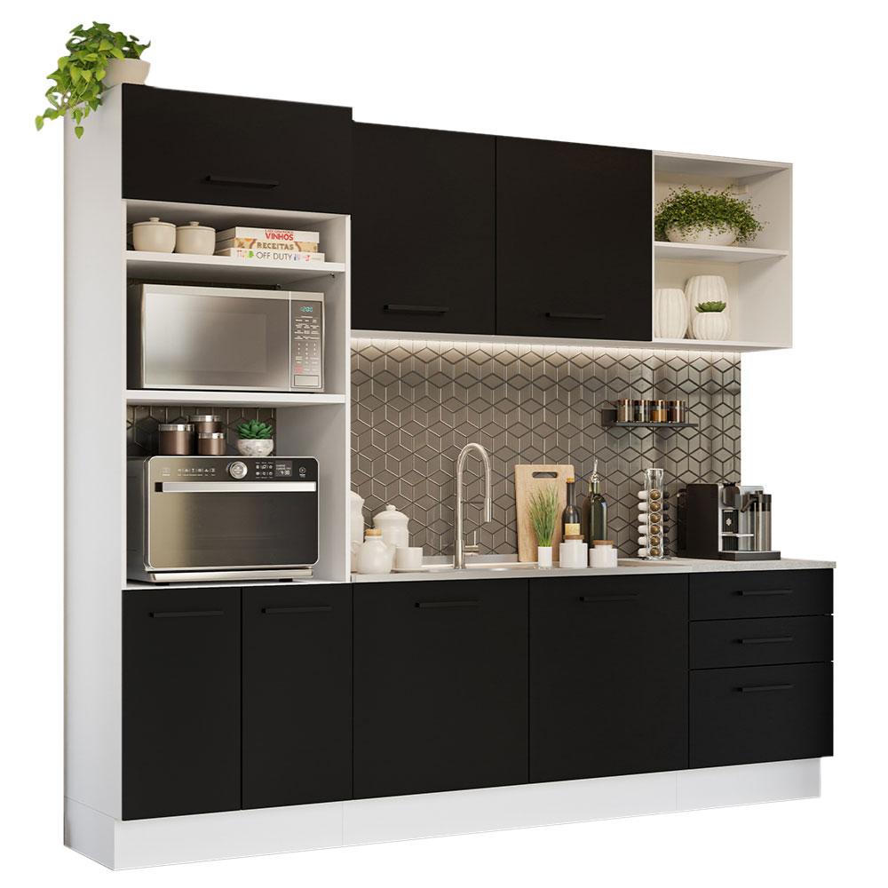 Armário de Cozinha Completa 250cm Branco/Preto Agata Madesa 01
