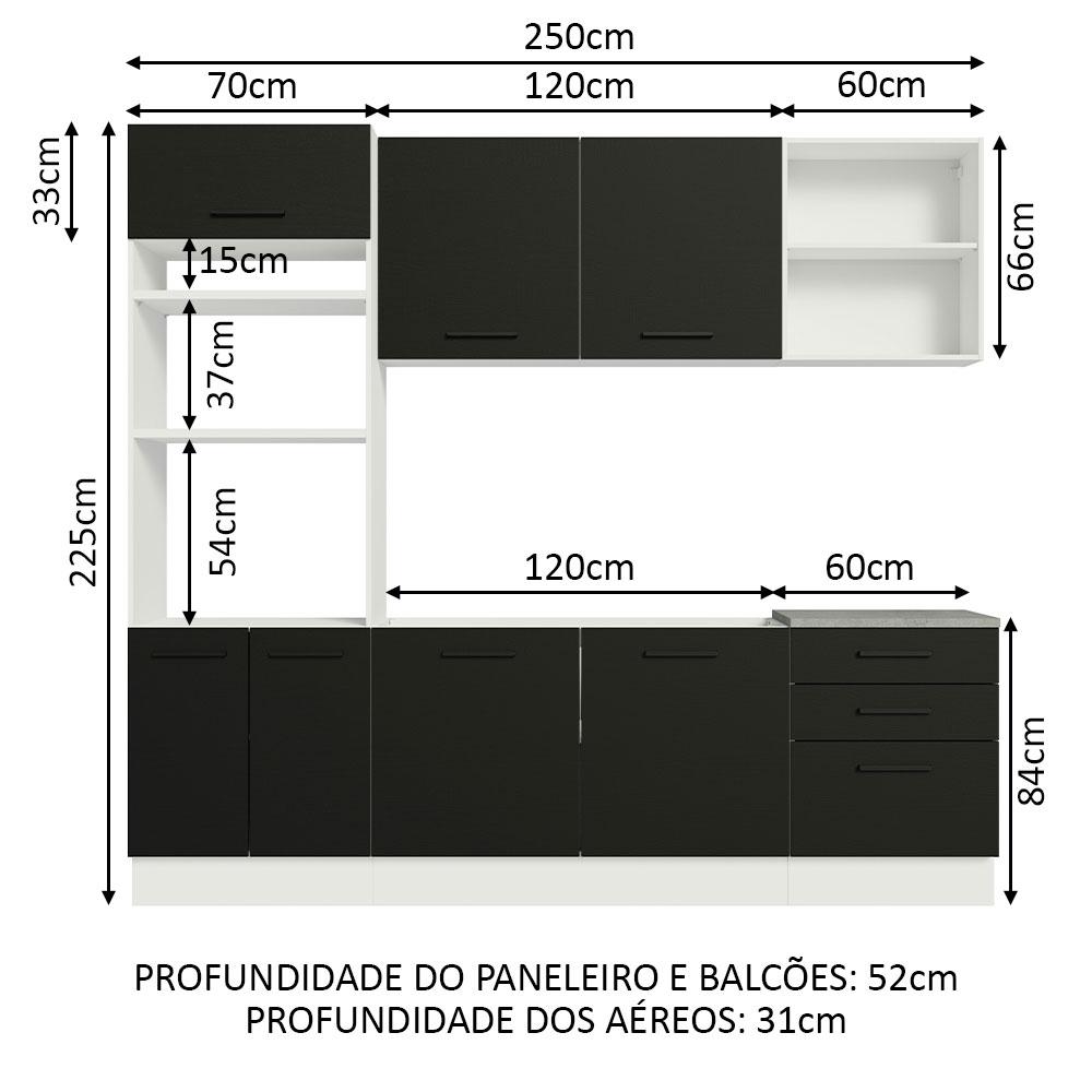 Armário de Cozinha Completa 250cm Branco/Preto Agata Madesa 01