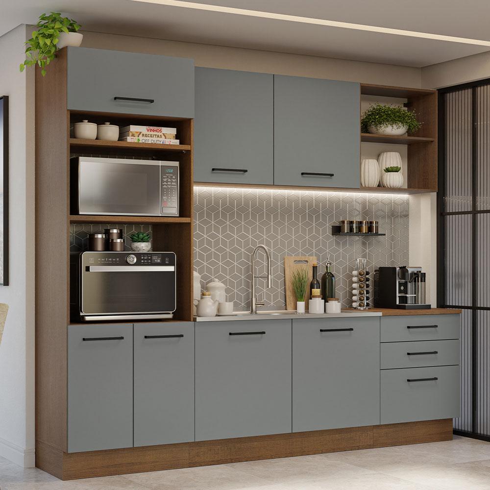 Armário de Cozinha Completa 250cm Rustic/Cinza Agata Madesa 01