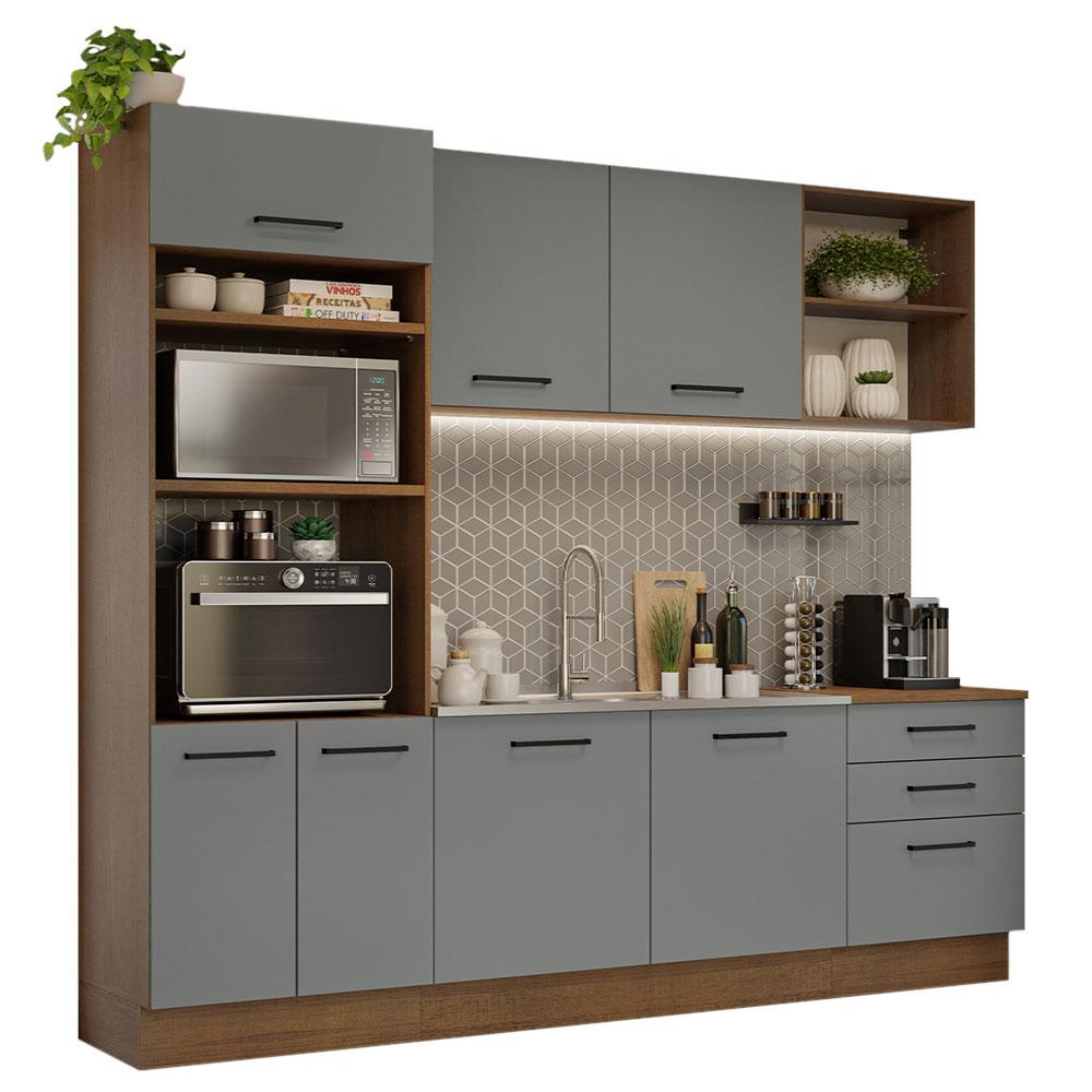 Armário de Cozinha Completa 250cm Rustic/Cinza Agata Madesa 01