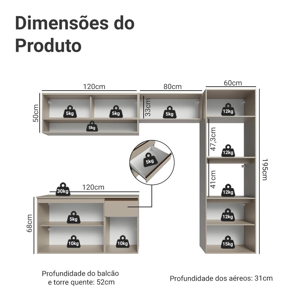 Armário de Cozinha Completa 260 cm Suspenso Crema Nice Madesa 10