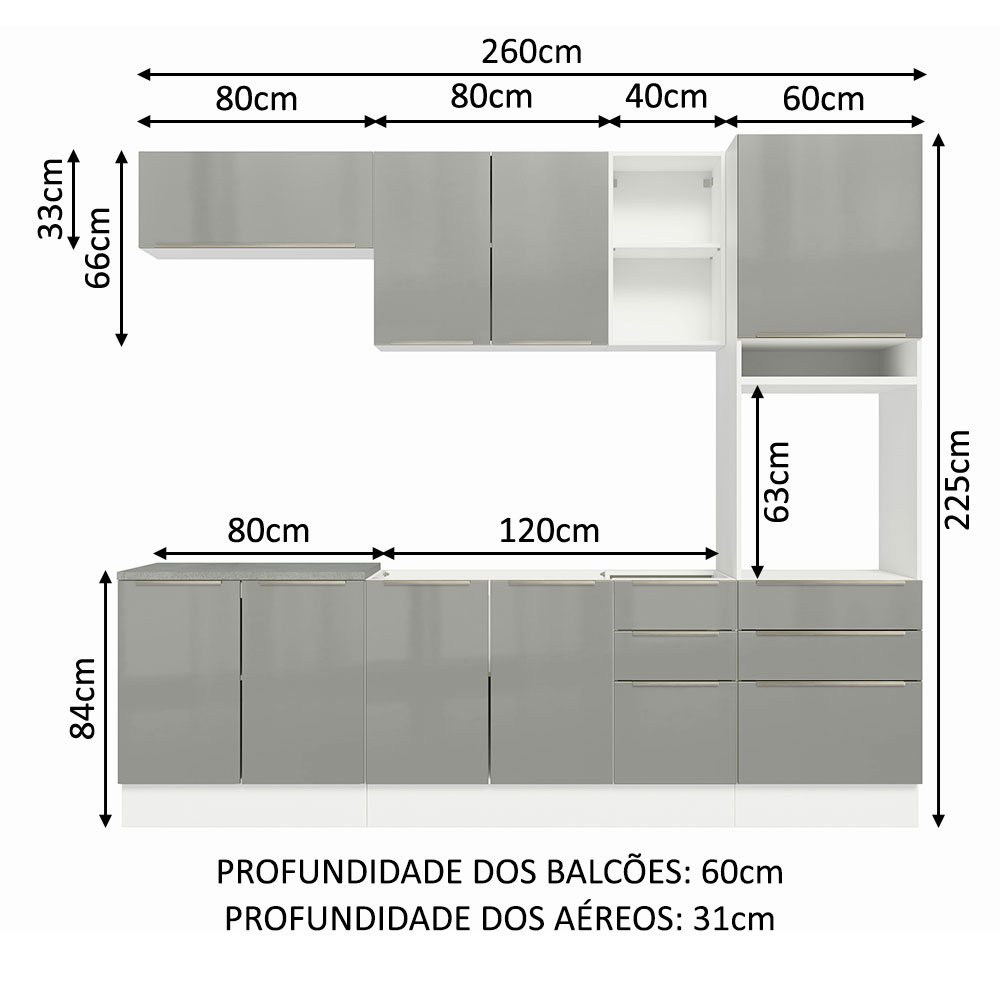 Armário de Cozinha Completa 260cm Branco/Cinza Lux Madesa 08