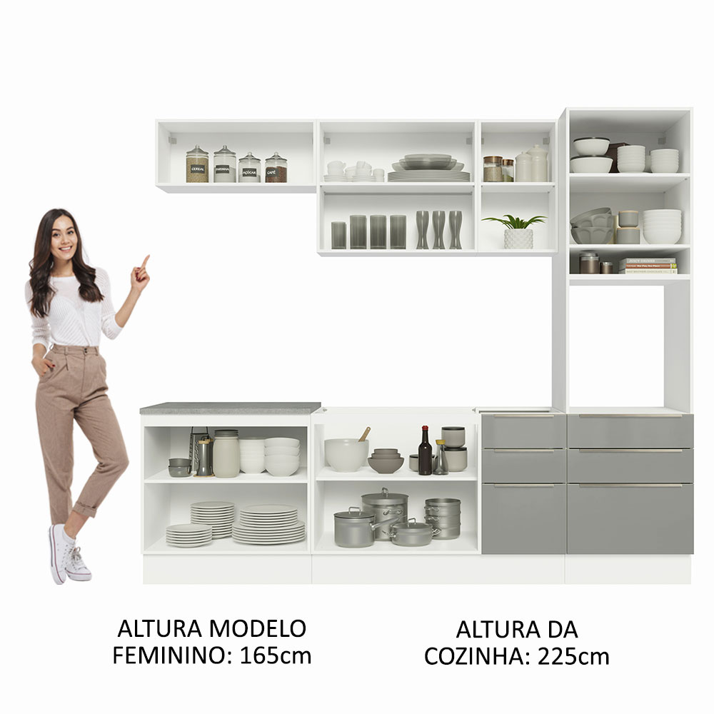 Armário de Cozinha Completa 260cm Branco/Cinza Lux Madesa 08