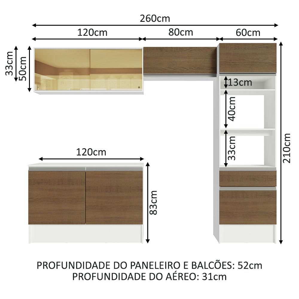 Armário de Cozinha Completa 260cm Branco/Rustic Diamante Madesa 02