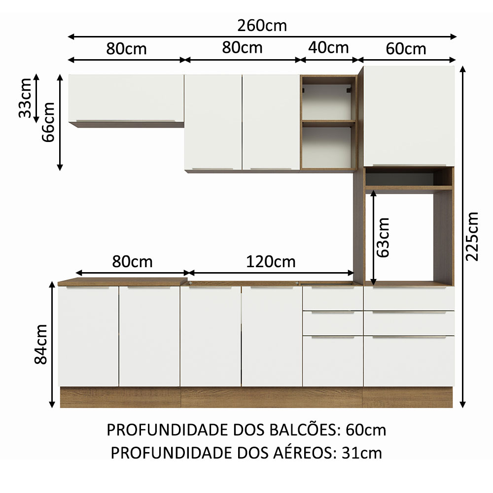 Armário de Cozinha Completa 260cm Rustic/Branco Veludo Lux Madesa 08