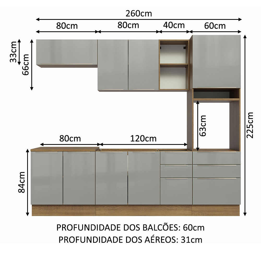 Armário de Cozinha Completa 260cm Rustic/Cinza Lux Madesa 08