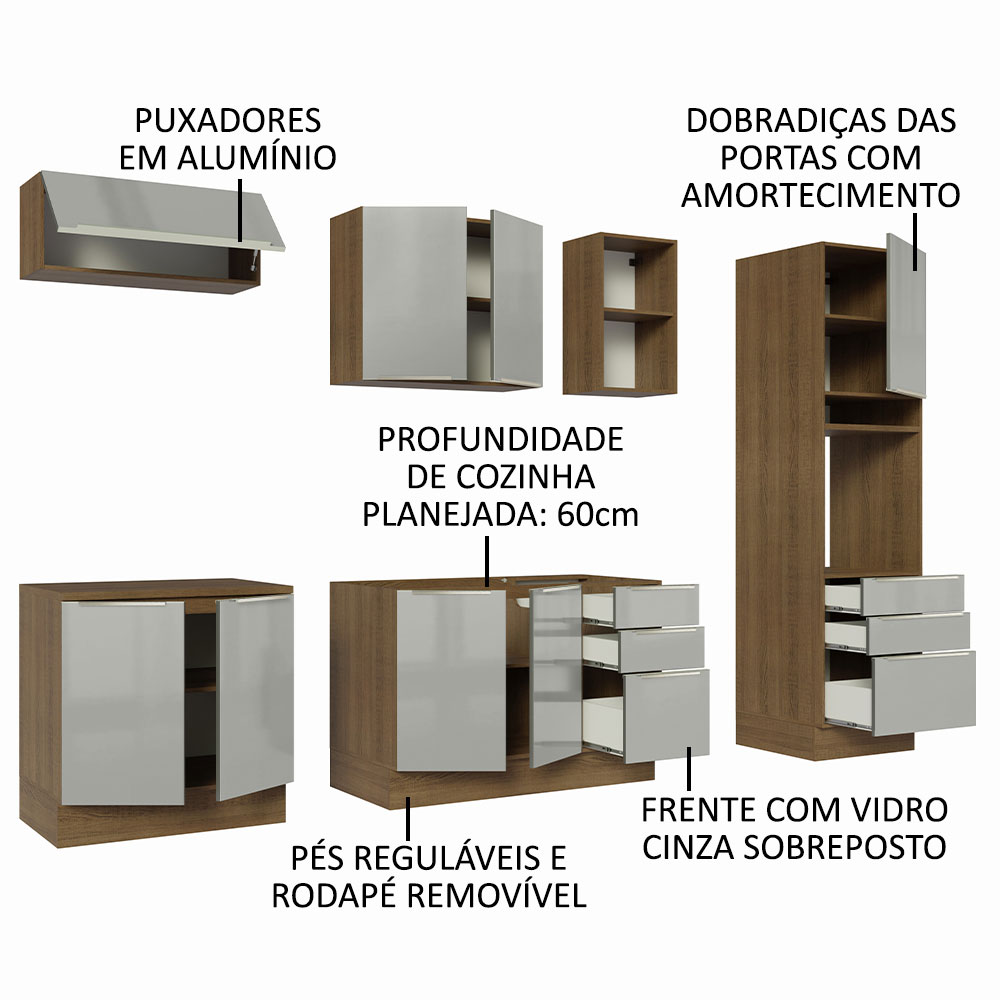 Armário de Cozinha Completa 260cm Rustic/Cinza Lux Madesa 08