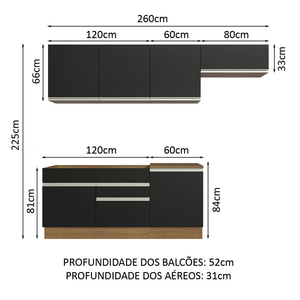 Armário de Cozinha Completa 260cm Rustic/Preto Glamy Madesa 03