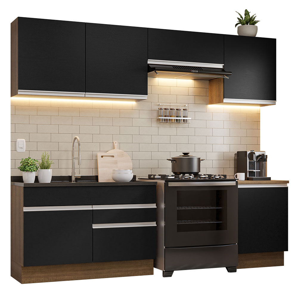 Armário de Cozinha Completa 260cm Rustic/Preto Glamy Madesa 05
