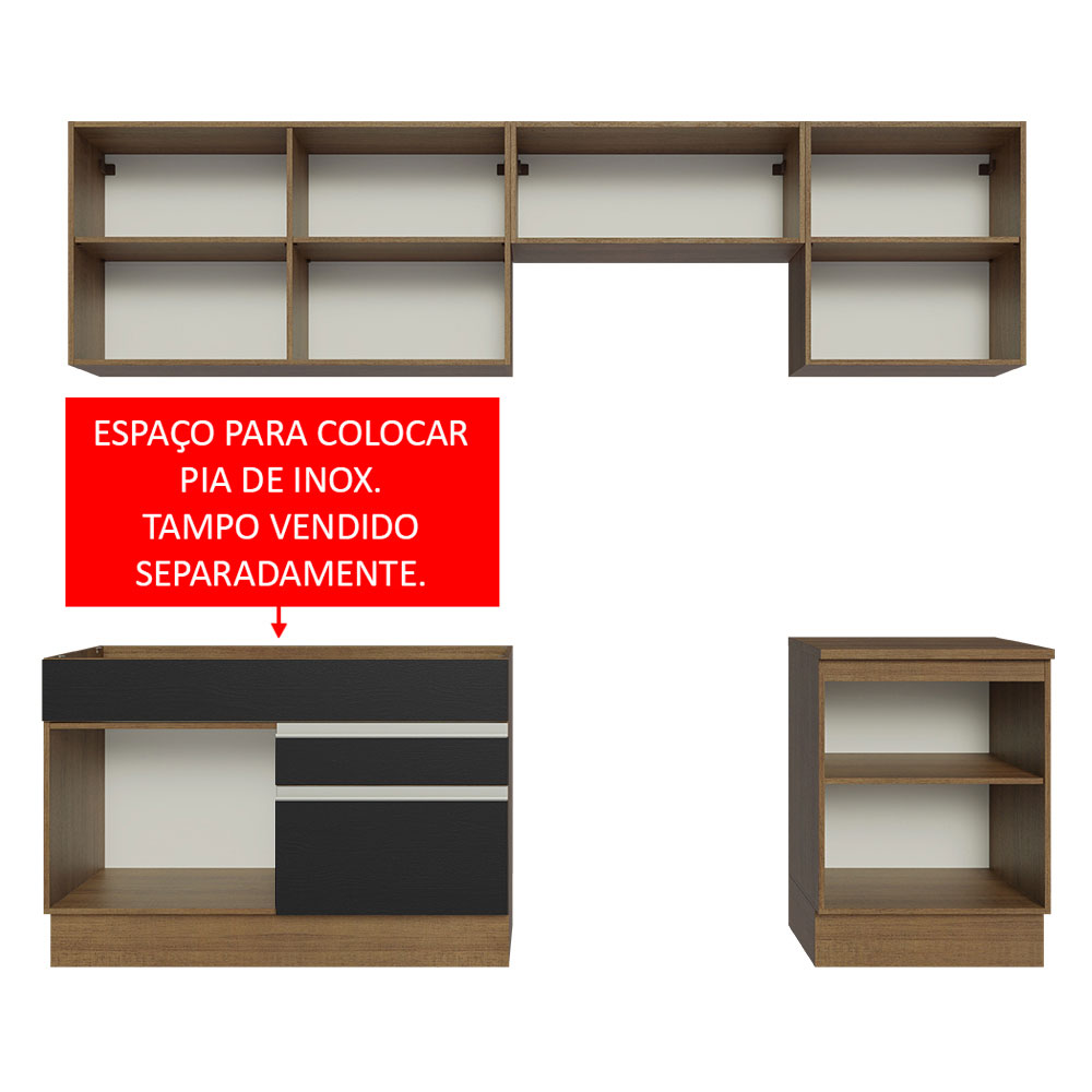 Armário de Cozinha Completa 260cm Rustic/Preto Glamy Madesa 05