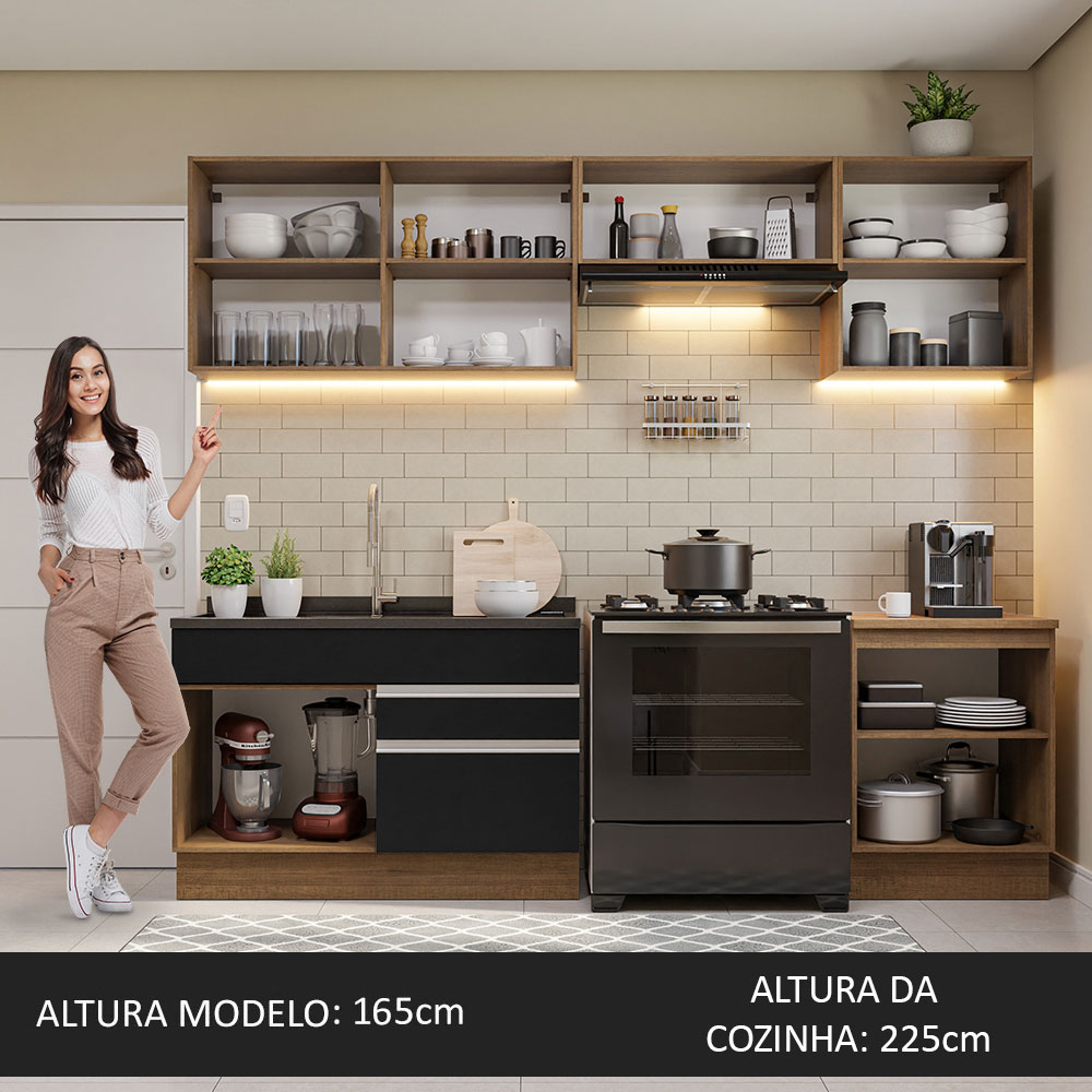 Armário de Cozinha Completa 260cm Rustic/Preto Glamy Madesa 05