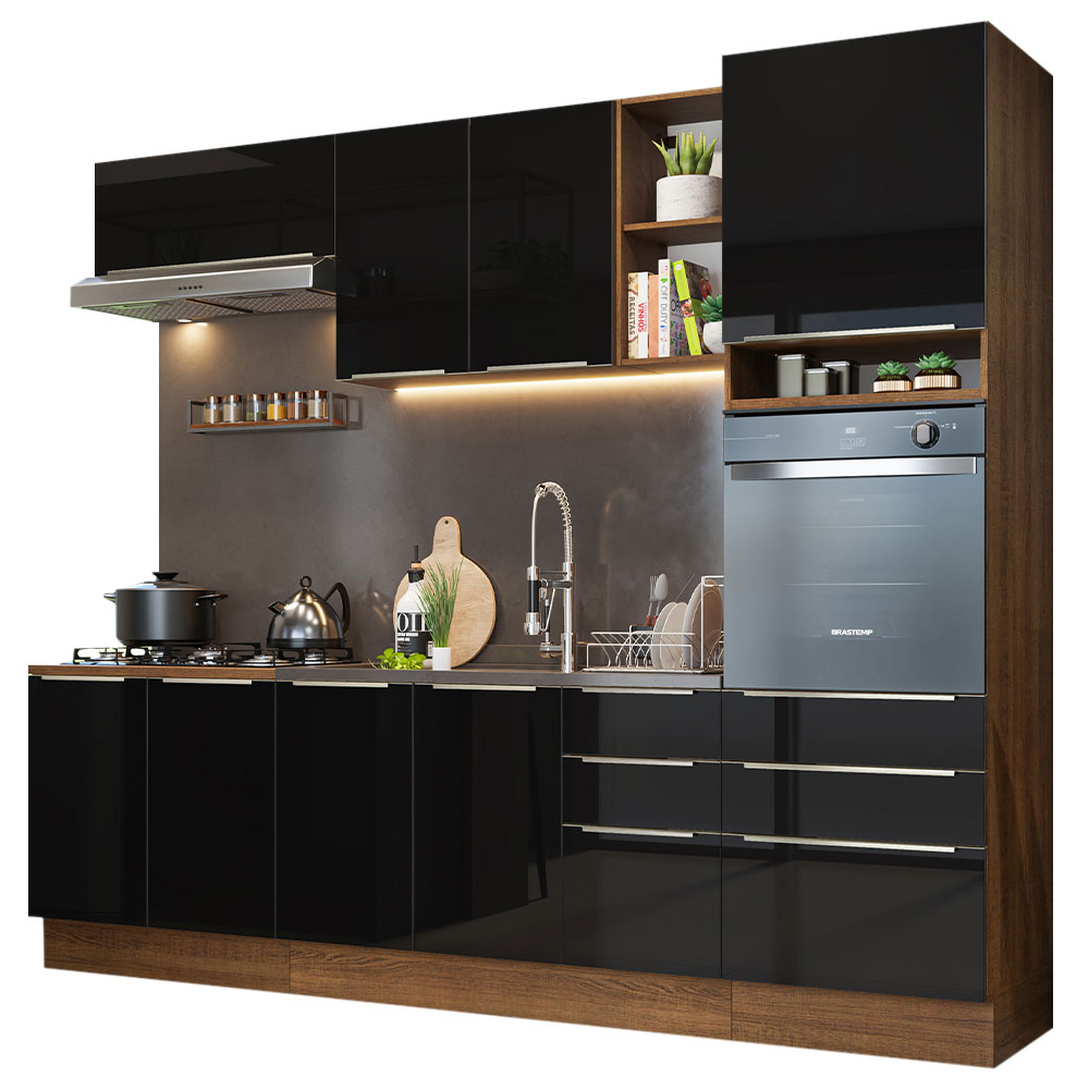 Armário de Cozinha Completa 260cm Rustic/Preto Lux Madesa 08