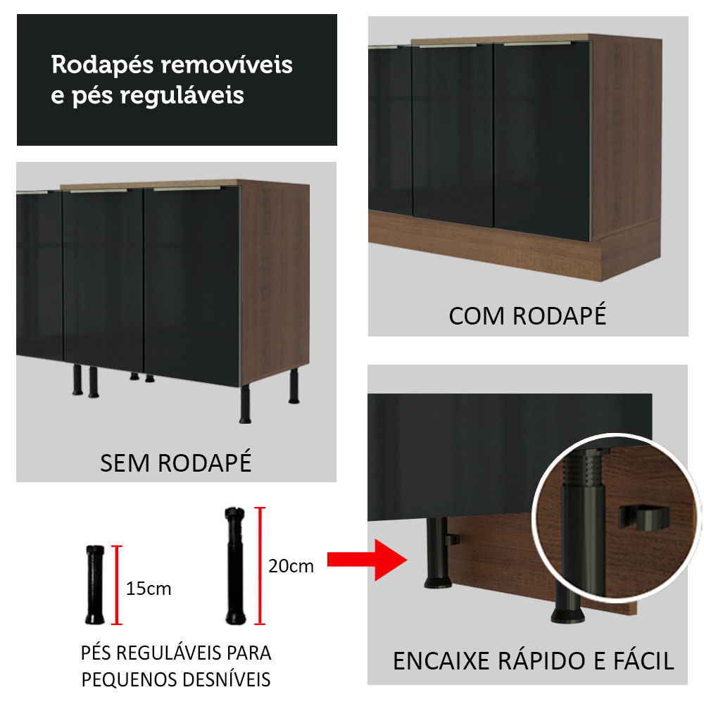 Armário de Cozinha Completa 260cm Rustic/Preto Lux Madesa 08