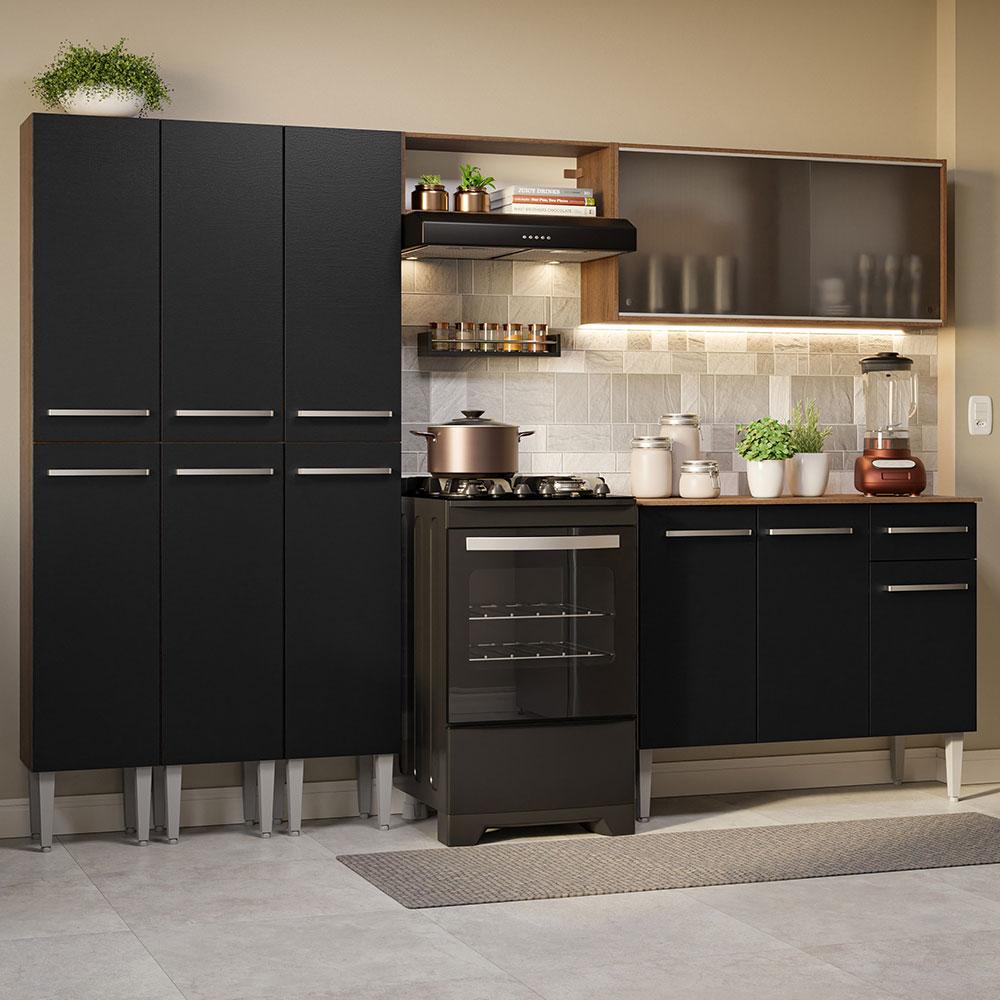 Armário de Cozinha Completa 261cm Rustic/Preto Emilly Madesa 03