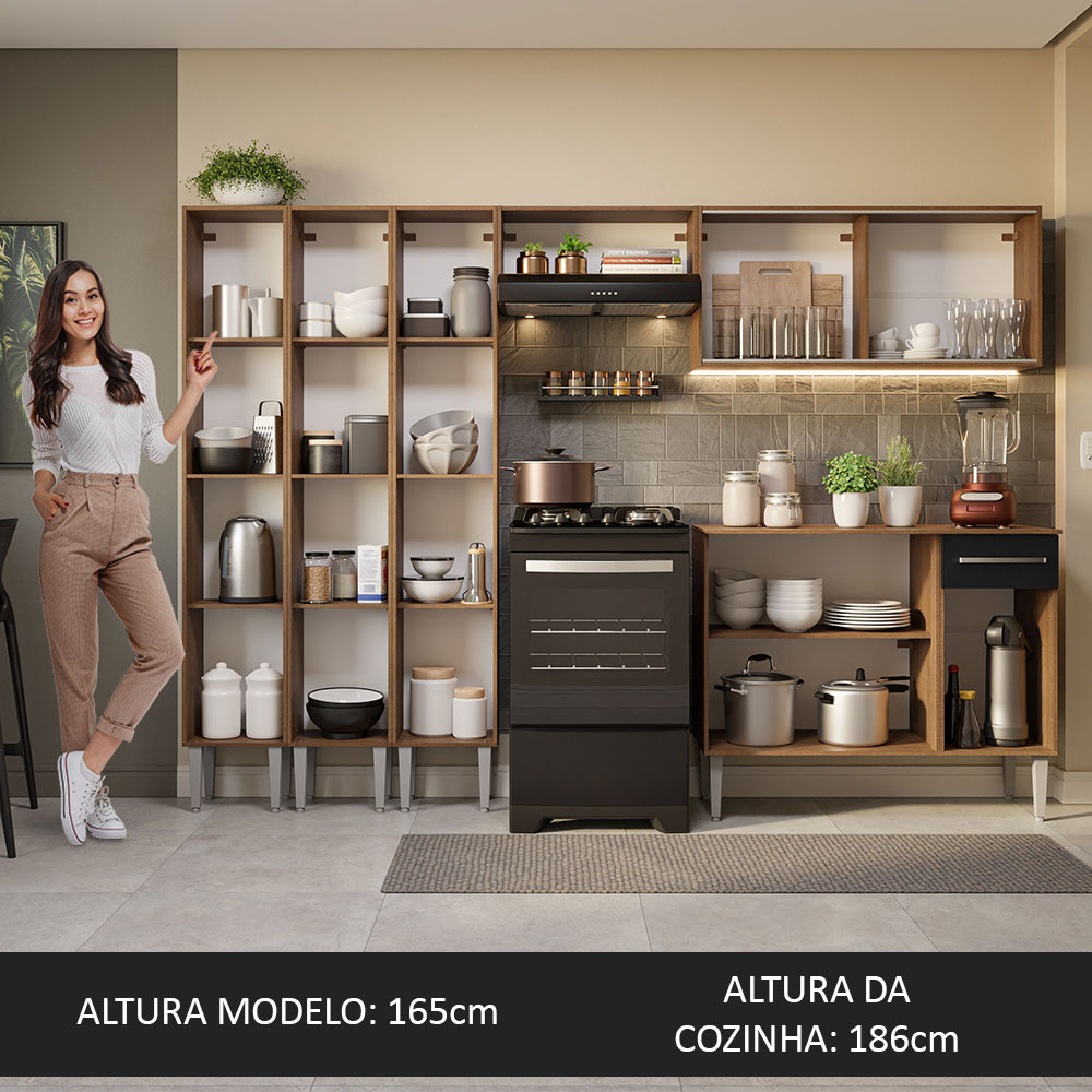 Armário de Cozinha Completa 261cm Rustic/Preto Emilly Madesa 05