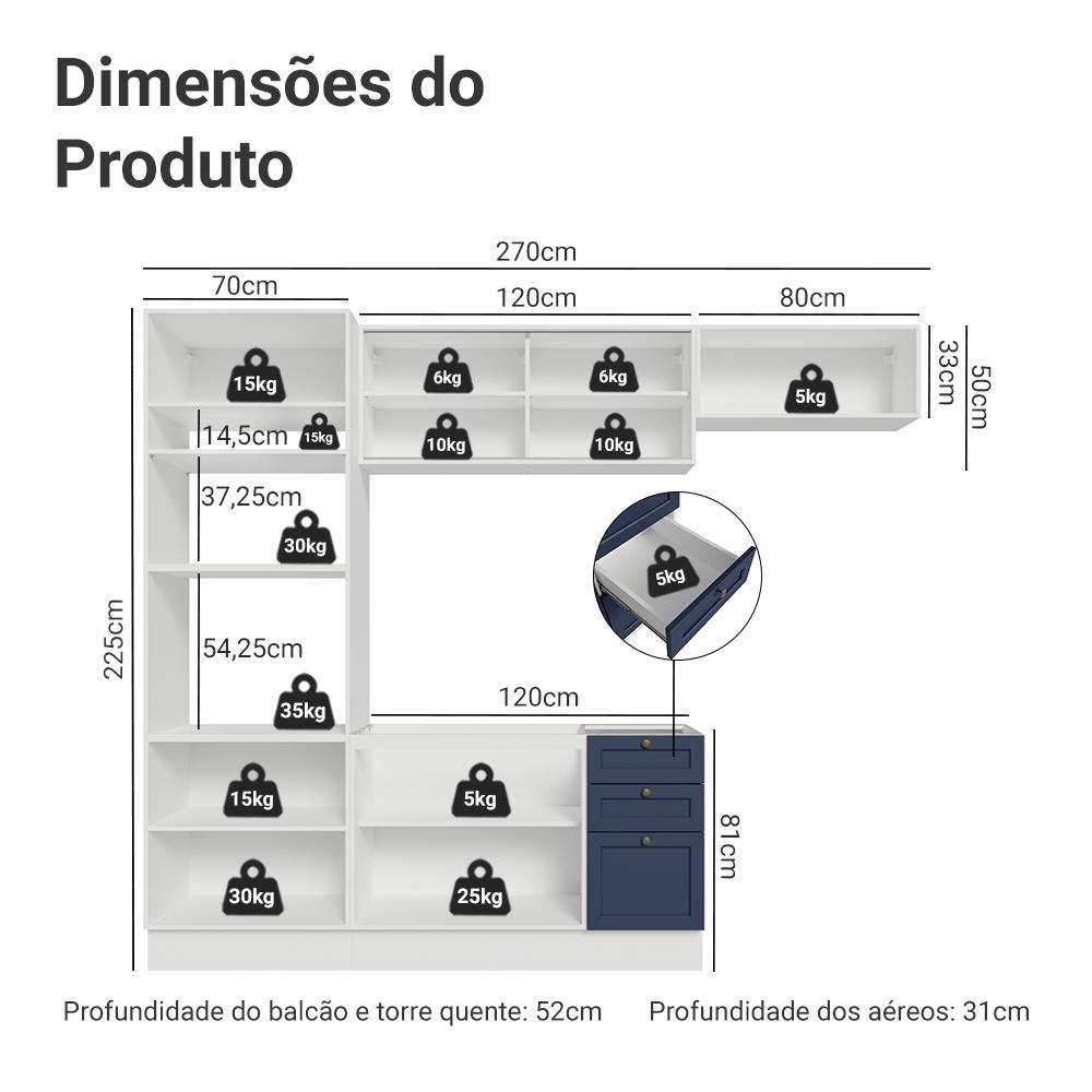 Armário de Cozinha Completa 270 cm Branco/Azul Vik Madesa 04