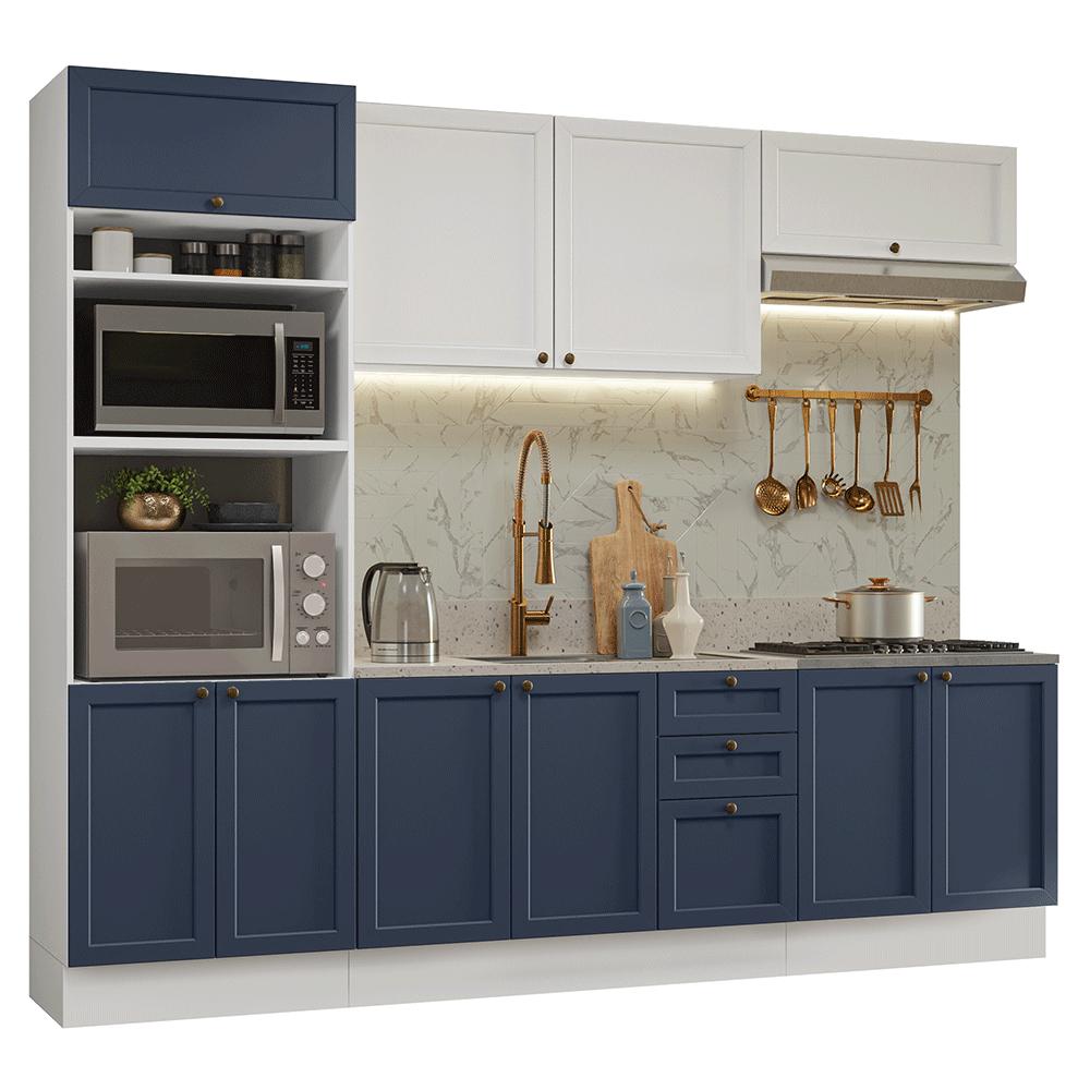 Armário de Cozinha Completa 270 cm Branco/Azul/Branco Vik Madesa 01