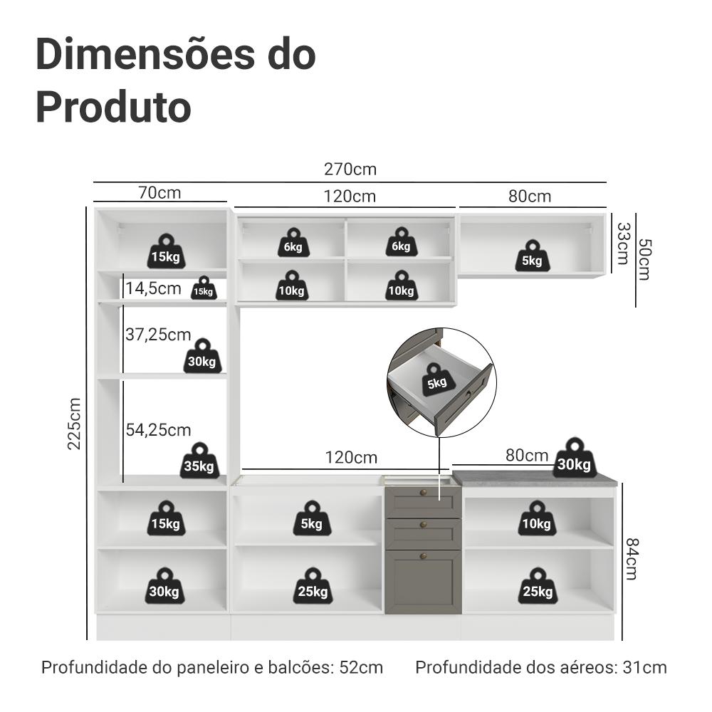 Armário de Cozinha Completa 270 cm Branco/Cinza Vik Madesa 02