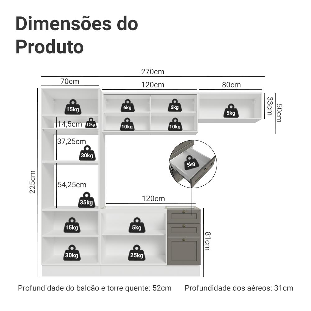 Armário de Cozinha Completa 270 cm Branco/Cinza Vik Madesa 03