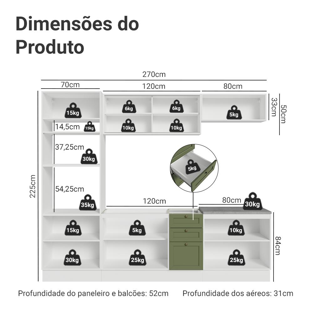 Armário de Cozinha Completa 270 cm Branco/Verde Vik Madesa 02