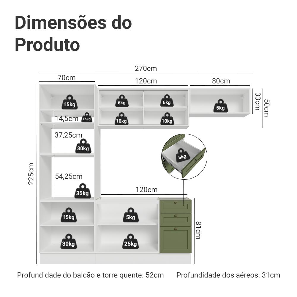 Armário de Cozinha Completa 270 cm Branco/Verde Vik Madesa 04