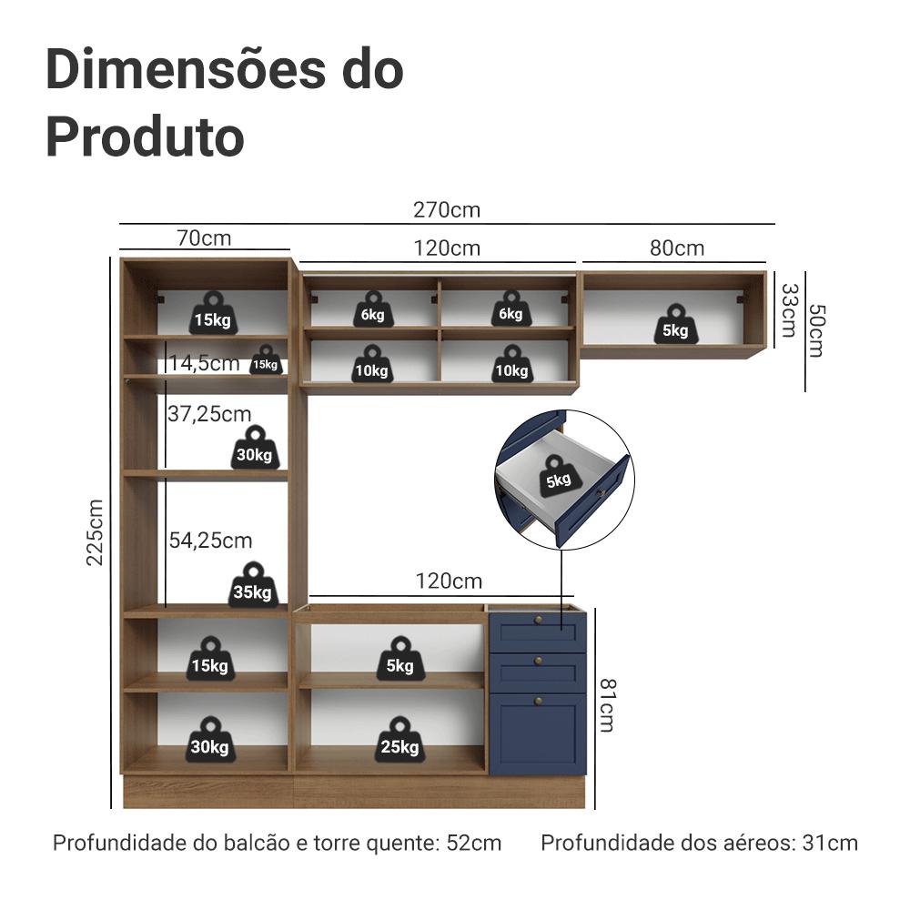 Armário de Cozinha Completa 270 cm Rustic/Azul Vik Madesa 04