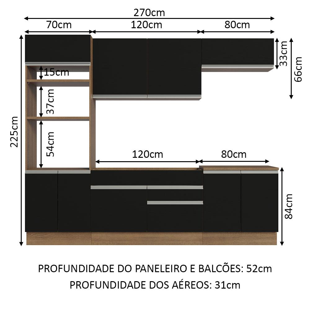 Armário de Cozinha Completa 270cm Rustic/Preto Glamy Madesa 13