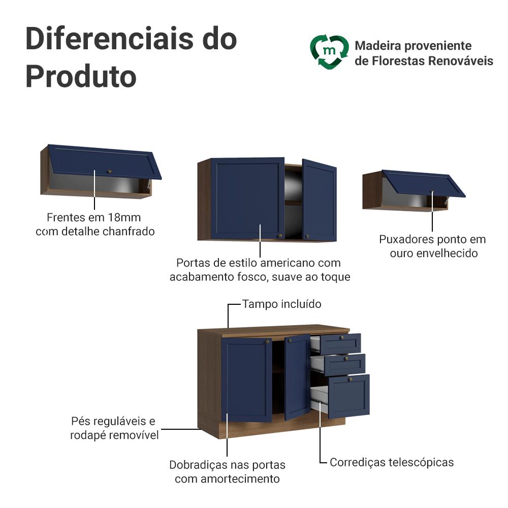 Armário de Cozinha Completa 280 cm Rustic/Azul Vik Madesa 01