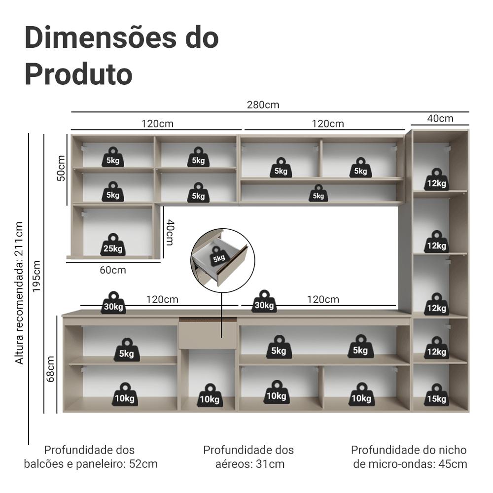 Armário de Cozinha Completa 280 cm Suspensa Crema Nice Madesa 04
