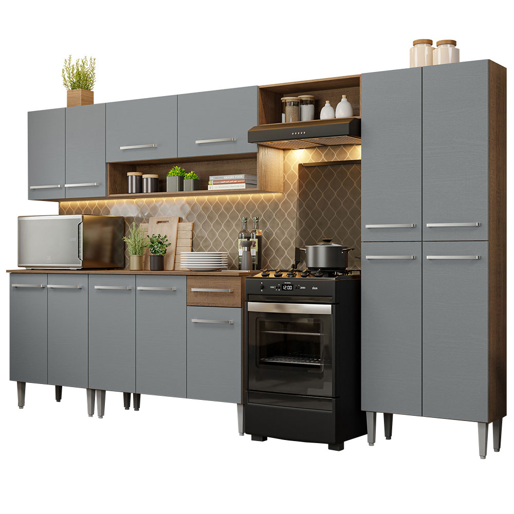 Armário de Cozinha Completa 293cm Rustic/Cinza Emilly Madesa 01