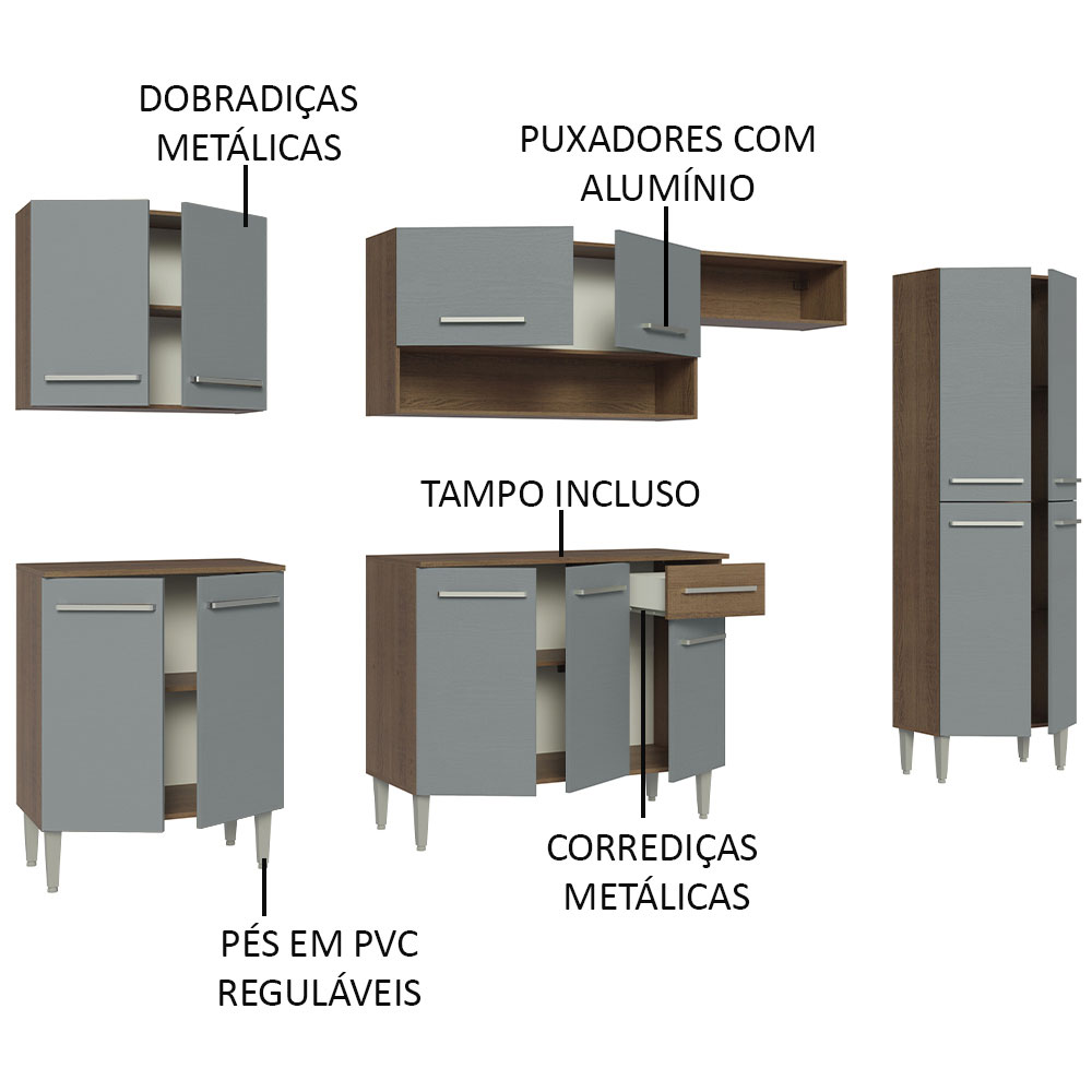 Armário de Cozinha Completa 293cm Rustic/Cinza Emilly Madesa 01