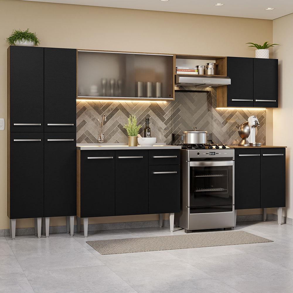 Armário de Cozinha Completa 293cm com Pia Rustic/Preto Emilly Madesa 06