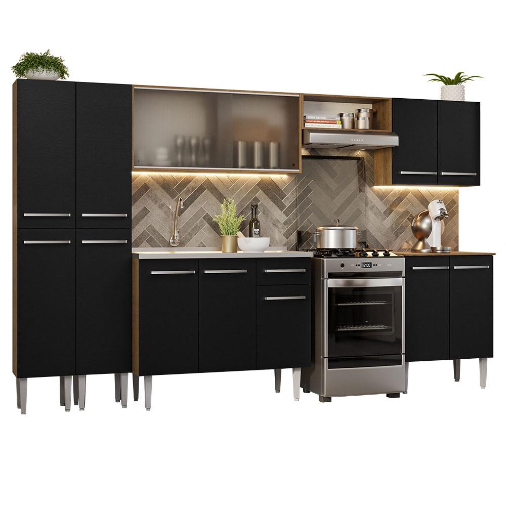 Armário de Cozinha Completa 293cm com Pia Rustic/Preto Emilly Madesa 06
