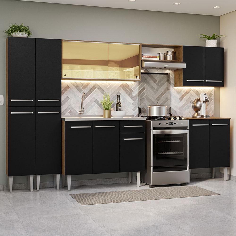 Armário de Cozinha Completa 293cm com Pia Rustic/Preto Emilly Madesa 07
