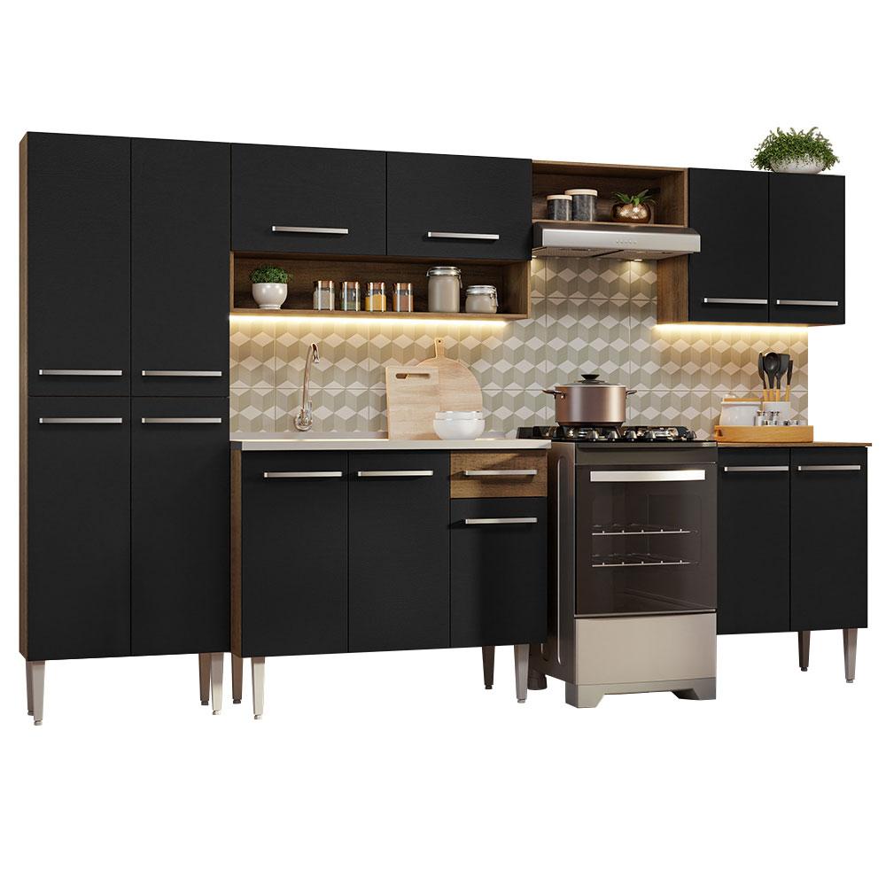 Armário de Cozinha Completa 293cm com Pia Rustic/Preto Emilly Madesa 08