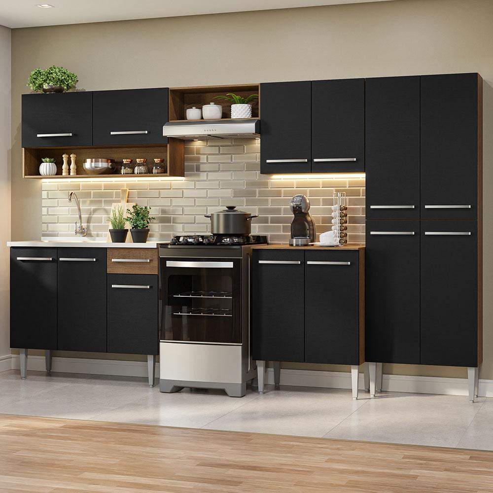 Armário de Cozinha Completa 293cm com Pia Rustic/Preto Emilly Madesa 09